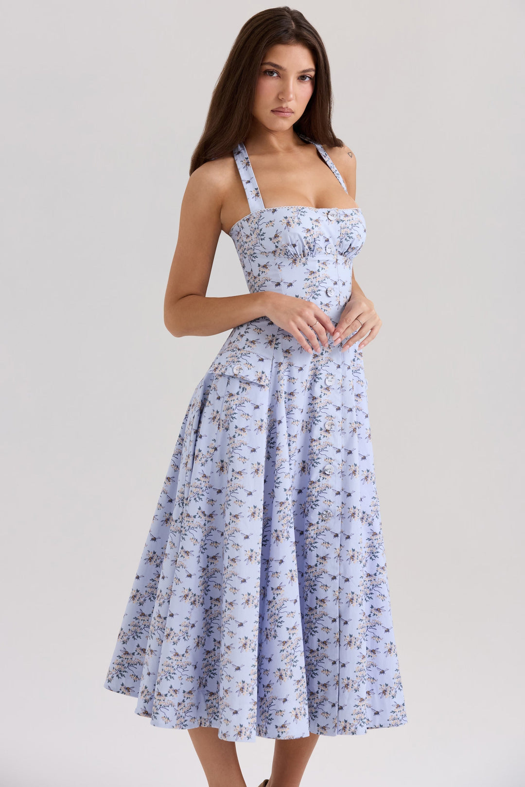Belle Midi Dress with Daisy Print and Halter Neck - Elena Harper