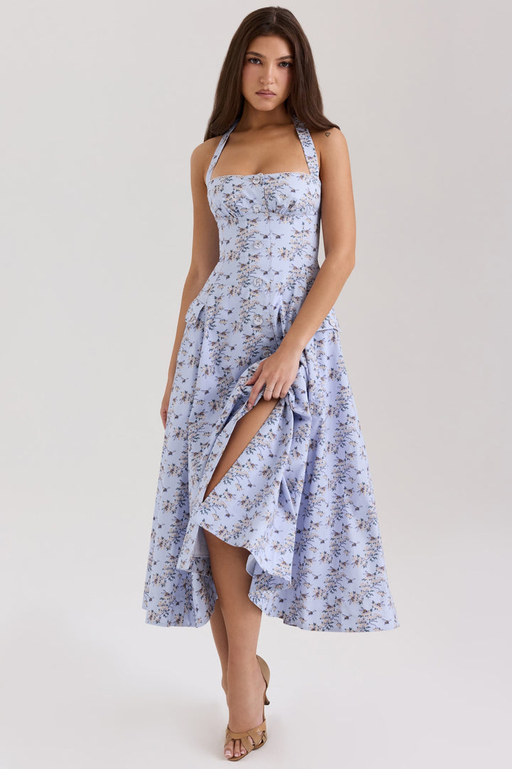 Belle Midi Dress with Daisy Print and Halter Neck - Elena Harper