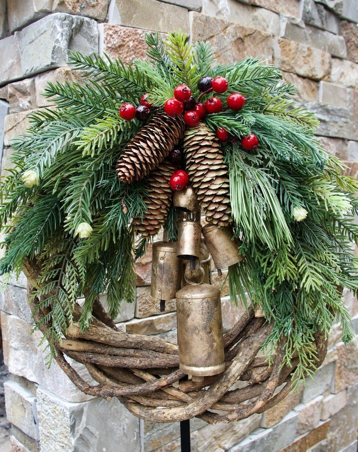 Boho Christmas Wreath on Rustic Vine Base with Pinecones and Golden Bells