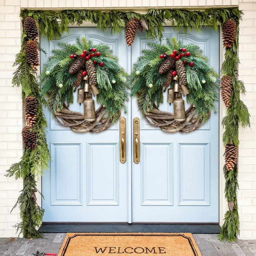 Boho Christmas Wreath on Rustic Vine Base with Pinecones and Golden Bells