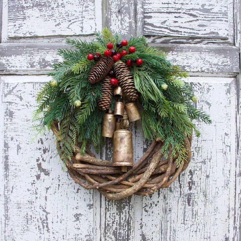 Boho Christmas Wreath on Rustic Vine Base with Pinecones and Golden Bells