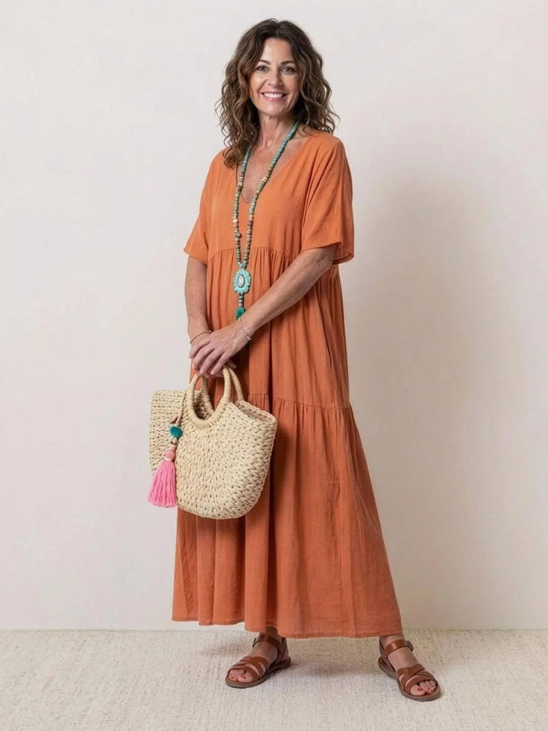 Women's V-Neck Tiered Maxi Swing Dress: Autumn Wedding Guest Style