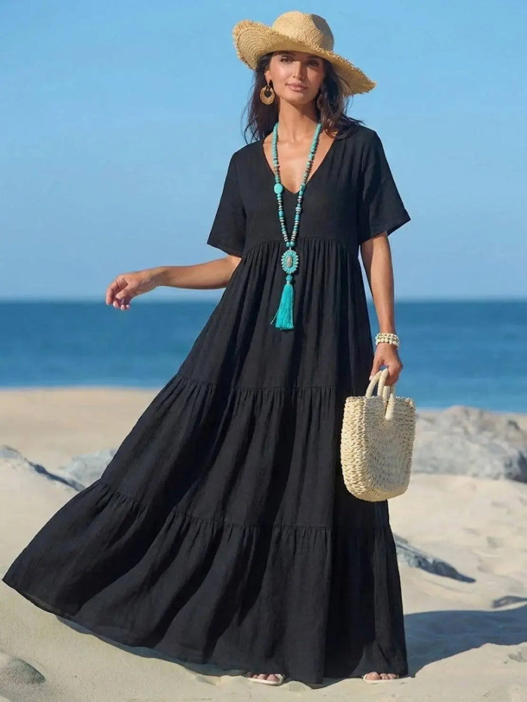 Women's V-Neck Tiered Maxi Swing Dress: Autumn Wedding Guest Style