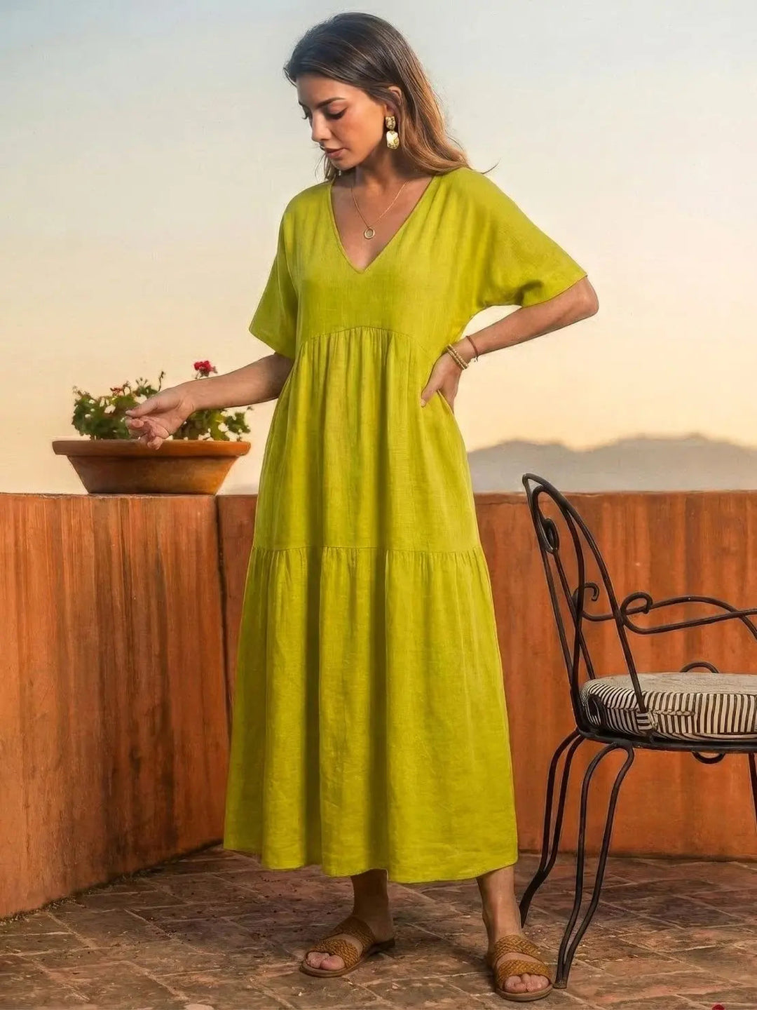 Women's V-Neck Tiered Maxi Swing Dress: Autumn Wedding Guest Style