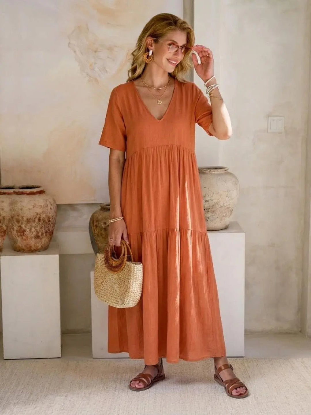 Women's V-Neck Tiered Maxi Swing Dress: Autumn Wedding Guest Style