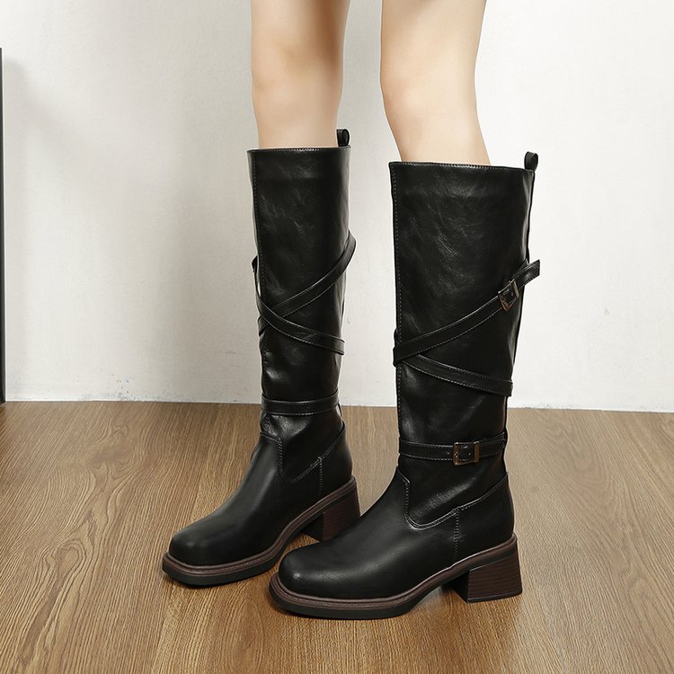 Women's High-Cut Biker Boots with Buckles and Platform - Danica