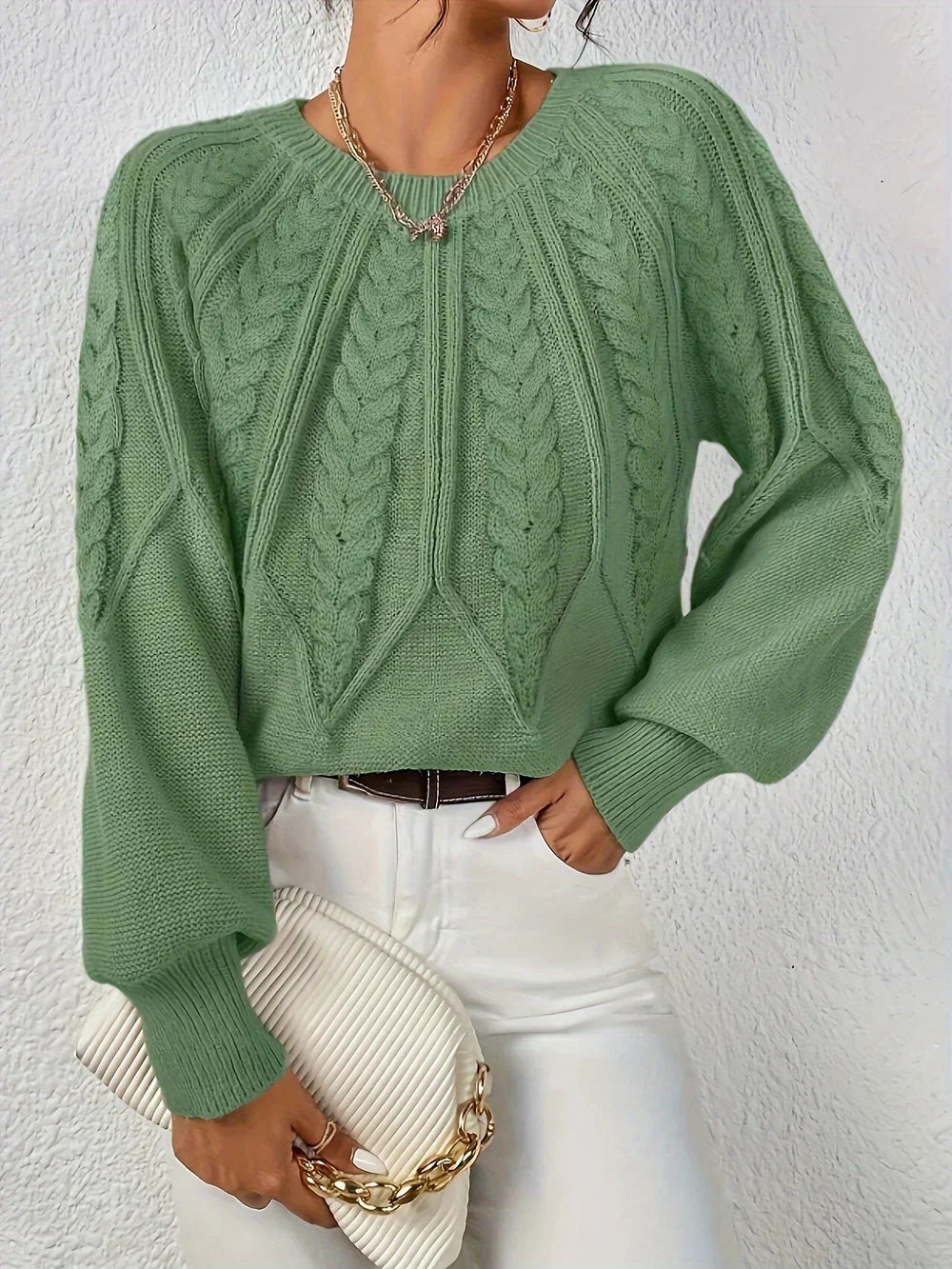 Brunhilde Women's Knit Sweater with Cable Pattern, view 2 - Elena Harper