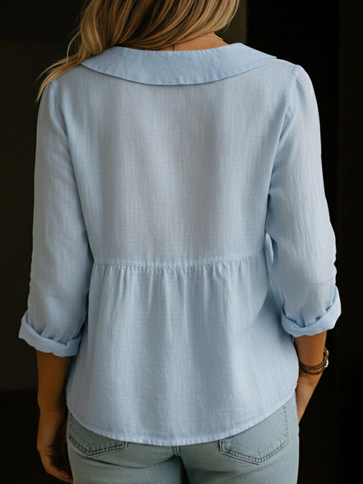 Linen Blouse with Button Closure and Notched Collar for Women