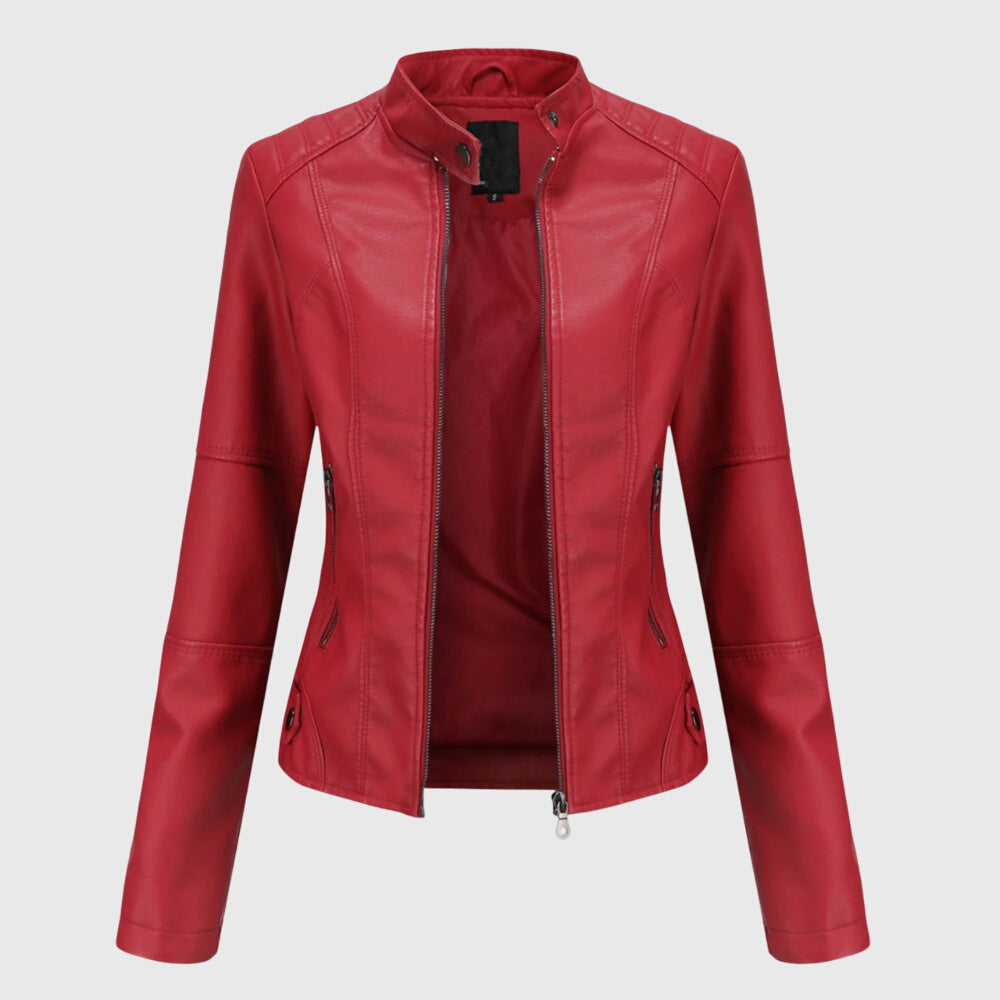 Zipped Leather Jacket for Women with High Collar