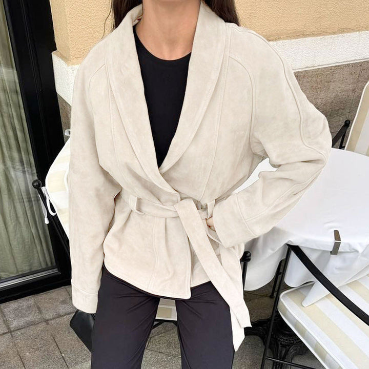 Women's Autumn Coat with Suede Effect, Long Sleeves, and Sewn Inserts., view 4 - Elena Harper