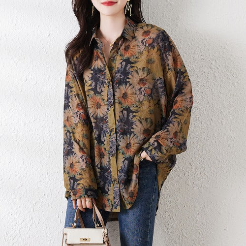 Plus Size Women's Long Sleeve Printed Shirt with Notched Collar and Loose Fit