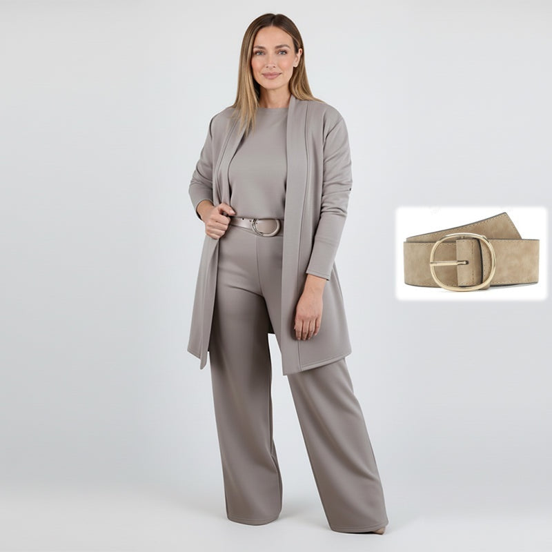Dorren Elegant 3-Piece Set With Long Cardigan, Top & Pant - Elena Harper