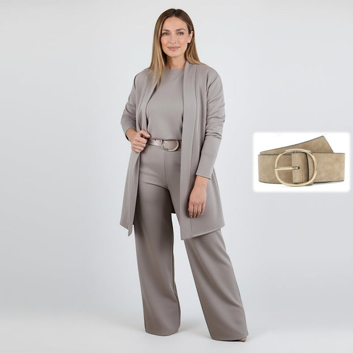 Dorren Elegant 3-Piece Set With Long Cardigan, Top & Pant - Elena Harper