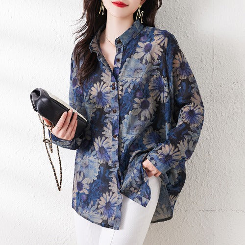 Plus Size Women's Long Sleeve Printed Shirt with Notched Collar and Loose Fit