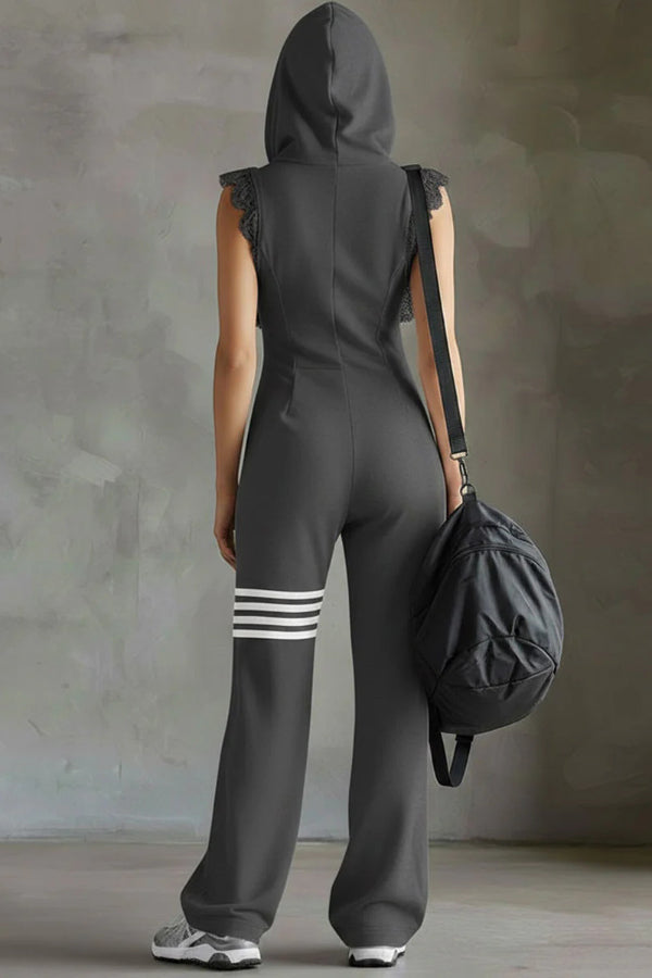 Stylish Hooded Sleeveless Lace Zipper Casual Sports Jumpsuit, view 7 - Elena Harper