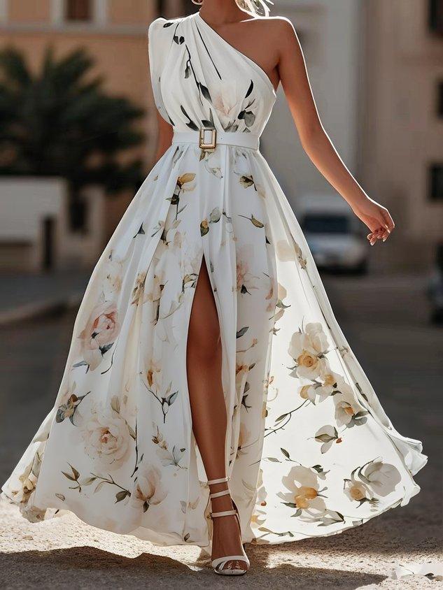 Julie Light Green Floral Chiffon One-Shoulder Maxi Dress - Elena Harper