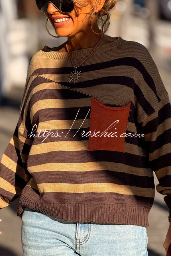 Xander Knit Color-block Stripes Wide Neck Long Sleeve Pocket Relaxed Sweater