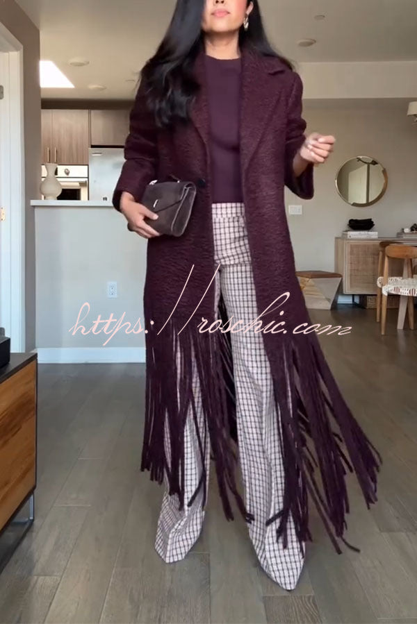 Street Style Wool Blend Long Sleeve Pocket Tassel Trim Lapel Midi Coat