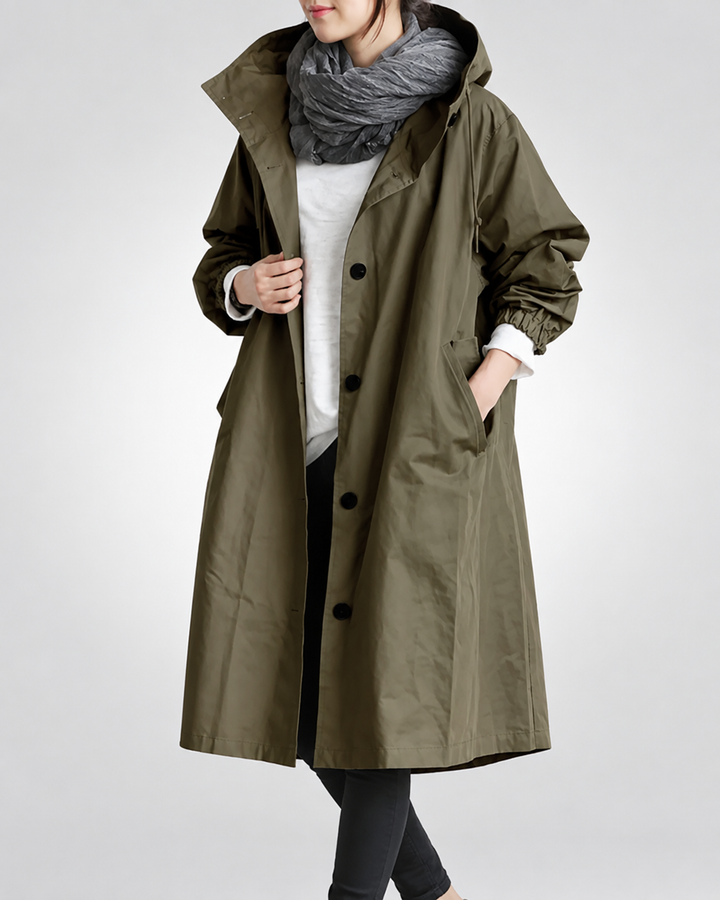Vina Warm Long Trench Coat with Hood, view 7 - Elena Harper