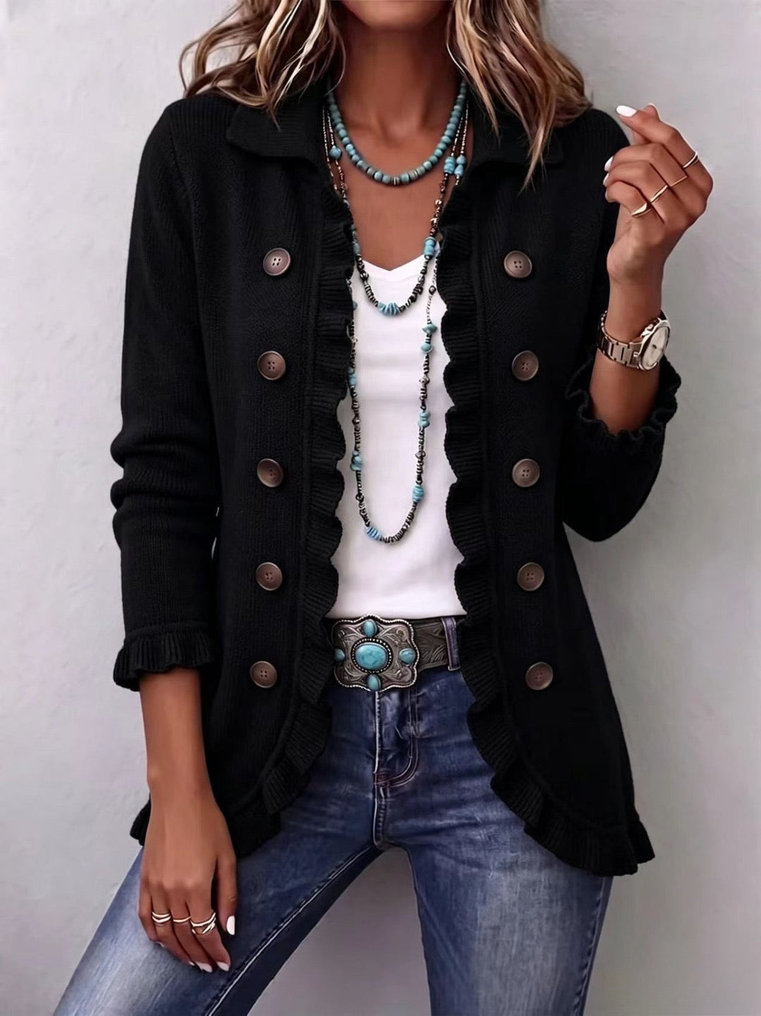 Diana Jet Black Vintage-Inspired Frill Cardigan - Elena Harper