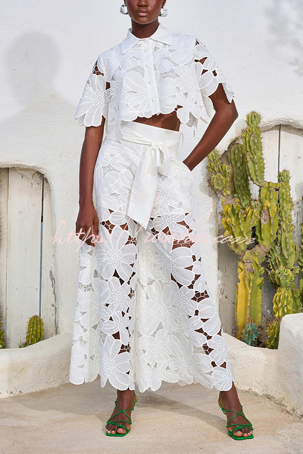 Redefining Elegance Floral Lace Cropped Shirt and Belt Pocketed Wide Leg Pants Set, view 6 - Elena Harper