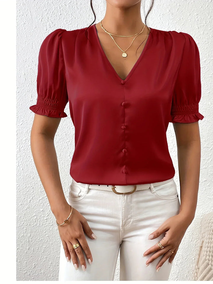Abella - Elegant Blouse with V-Neck and Puff Sleeves
