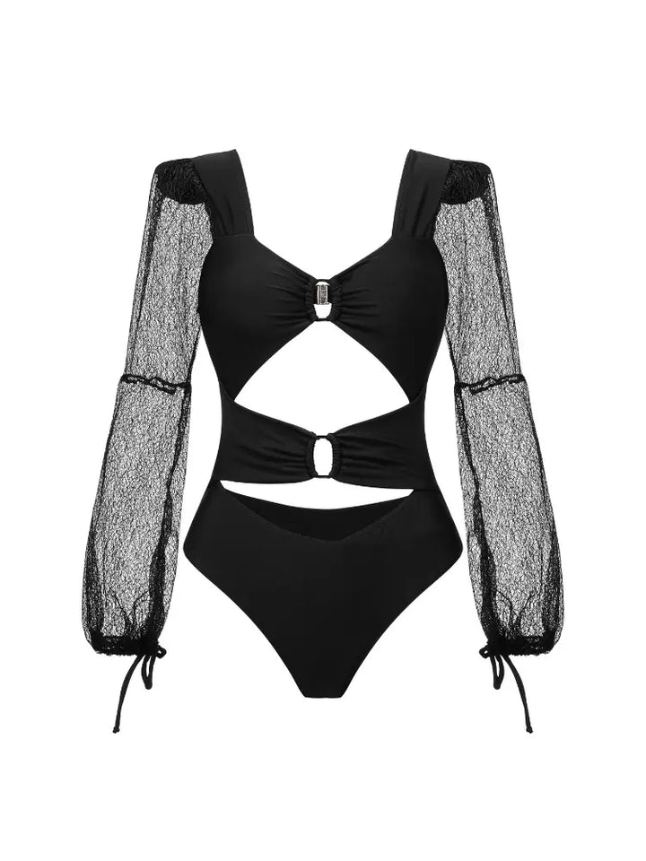 Long Sleeve Sheer Mesh Cutout Swimsuit