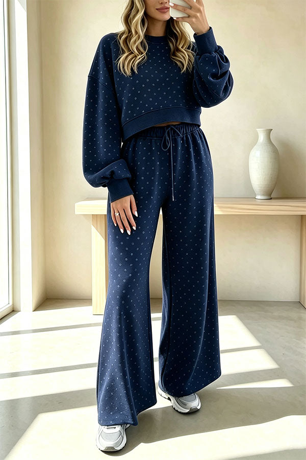 Relaxed and Casual Polka Dot Print Long Sleeve Sweatshirt and Drawstring Elastic Waist Pants Set