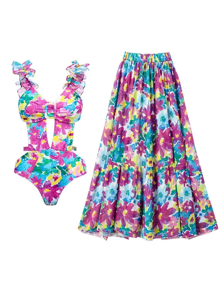 One Piece Print Cutout Swimsuit Set, view 7 - Elena Harper