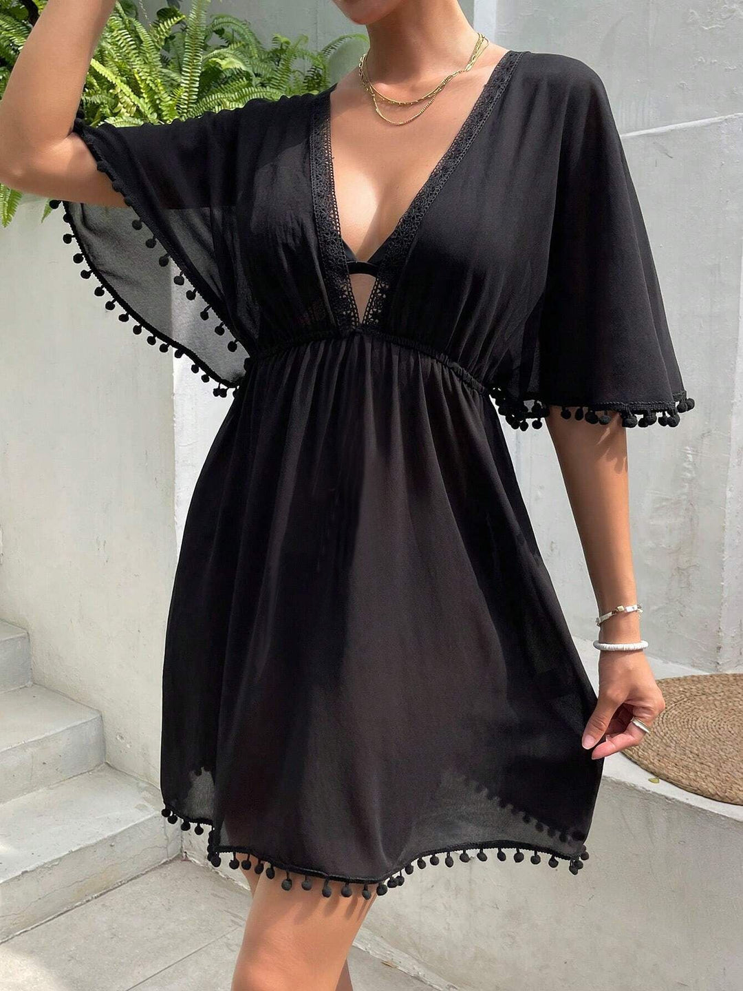 Women's Beach Style Dress with Lace Patchwork V-Neck Swimsuit Cover-Up with Fitted Waist, view 6 - Elena Harper