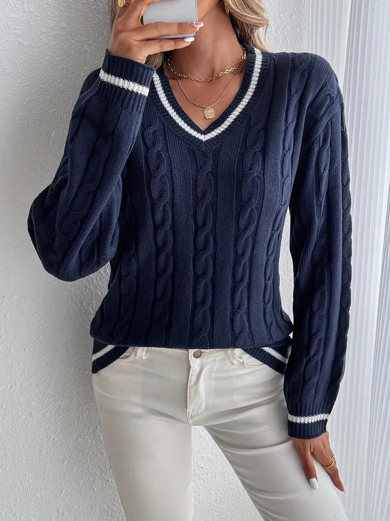 Women's V-Neck Cable Knit Sweater with Striped Trim