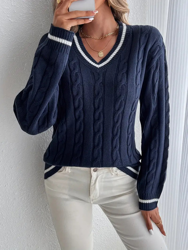 Women's V-Neck Cable Knit Sweater with Striped Trim