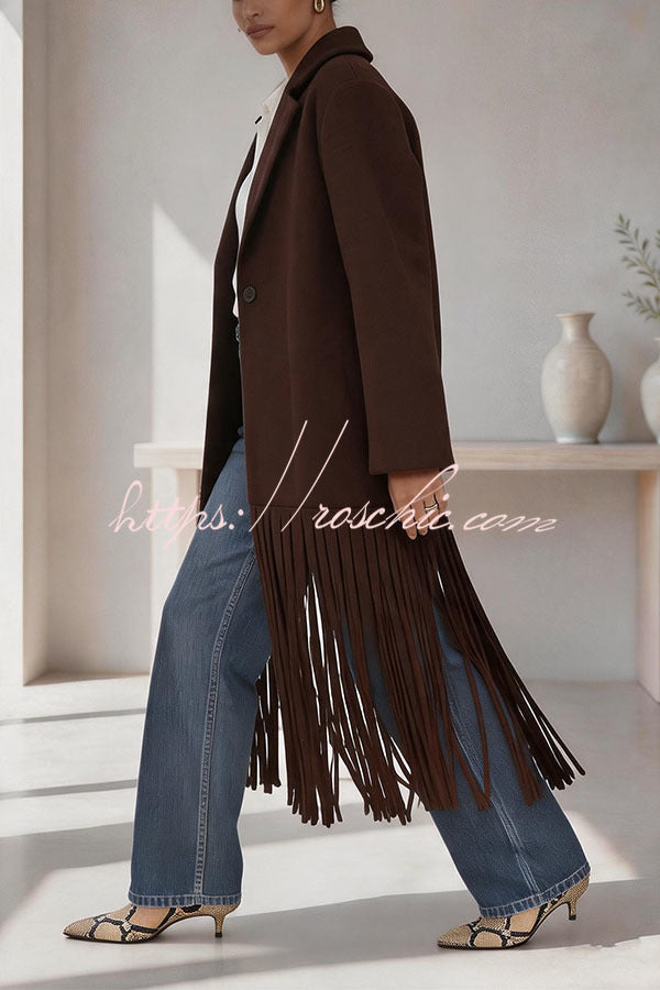Street Style Wool Blend Long Sleeve Pocket Tassel Trim Lapel Midi Coat