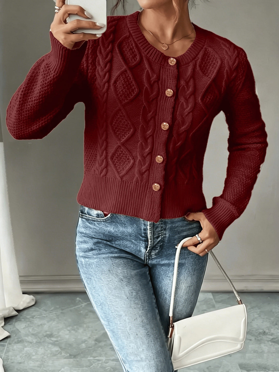 Isabelle - Elegant Twisted Knit Cardigan with Round Neck