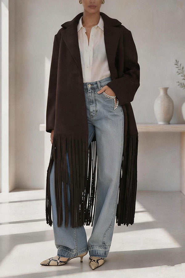 Street Style Wool Blend Long Sleeve Pocket Tassel Trim Lapel Midi Coat