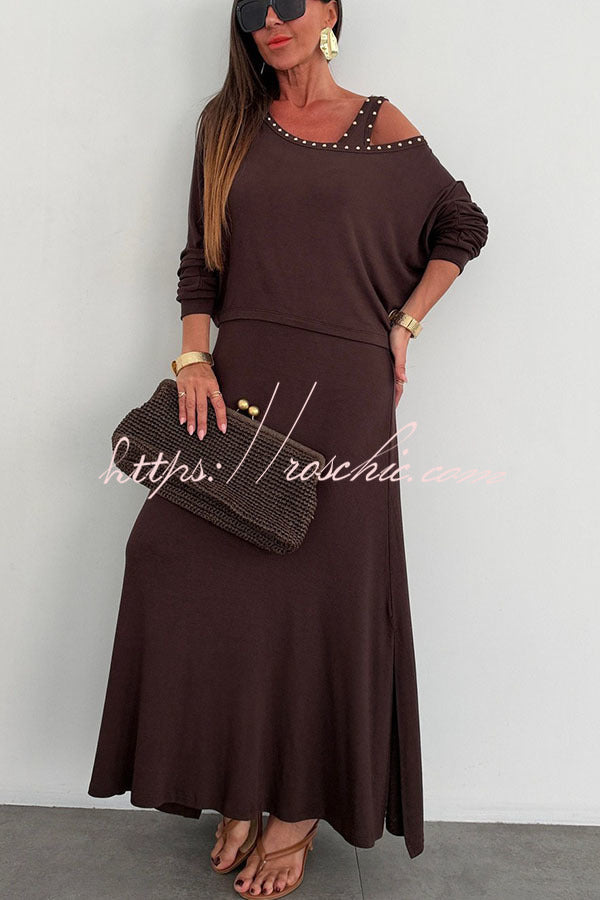 Samara Modal Beaded Detail Batwing Sleeves Loose Top and Tank Slit Maxi Dress Two Pieces Set, view 2 - Elena Harper