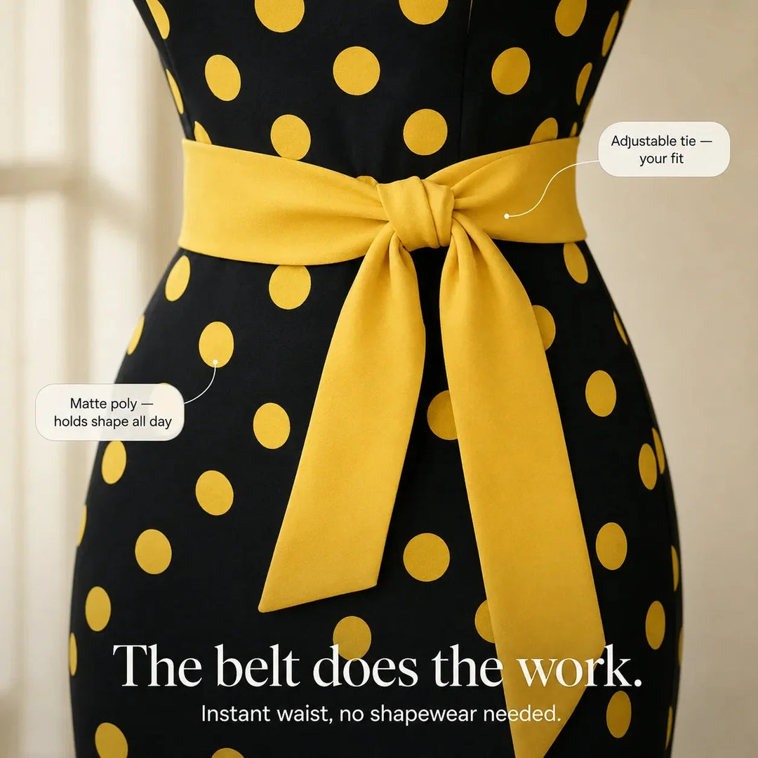Belora Retro Polka Dot Midi Dress with Belted Waist - Elena Harper