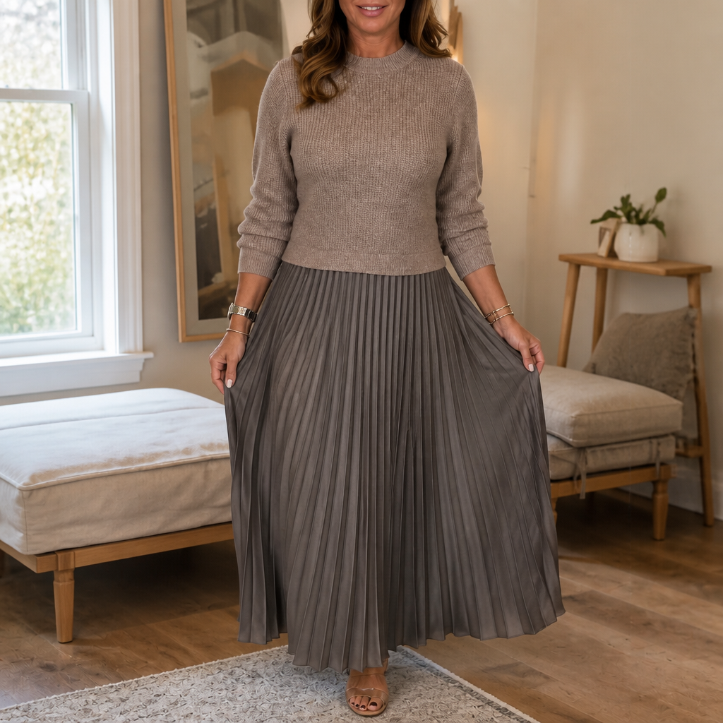 Elena | Elegant Pleated Maxi Dress with Soft Knit Top