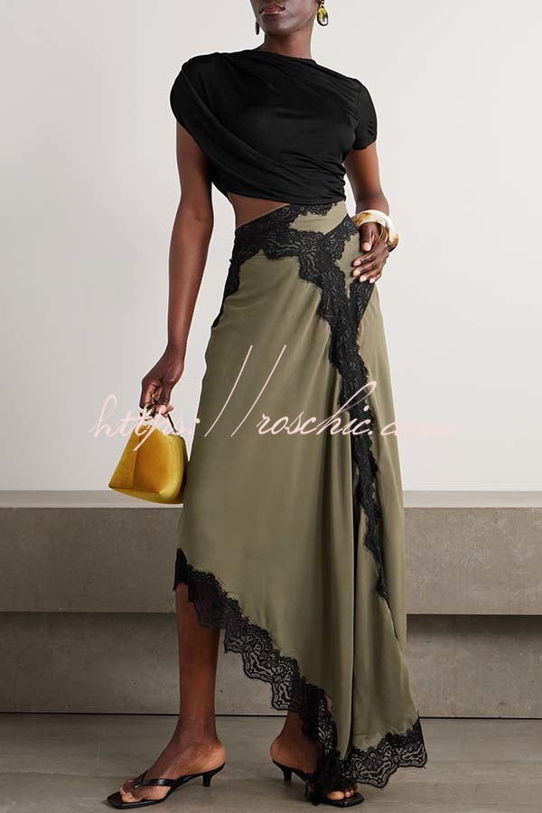 Verve Ribbed Jersey Cutout Waist Asymmetric Satin Lace Hem Maxi Dress - Elena Harper