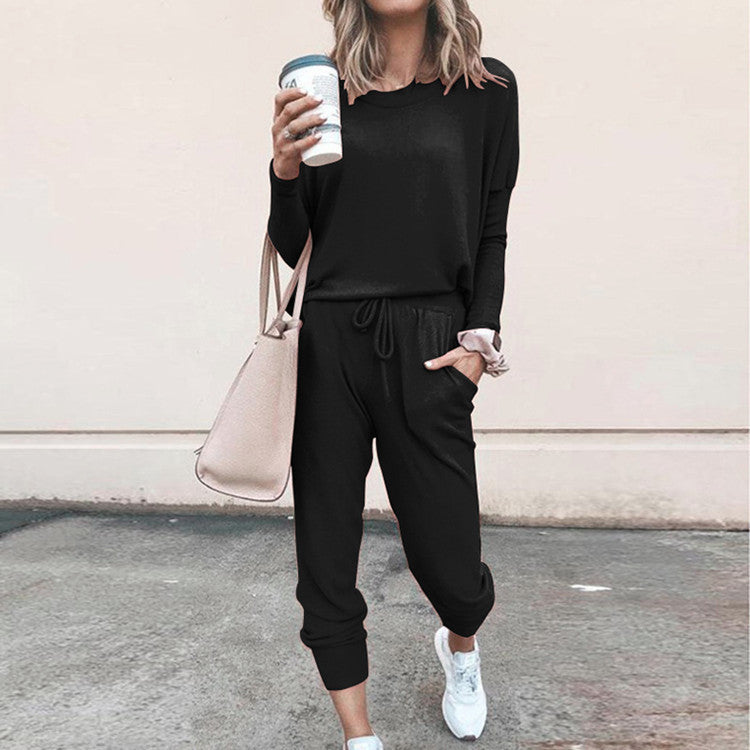 Casual Two-Piece Set for Women with Long Sleeves – Pullover Top and Drawstring Pants