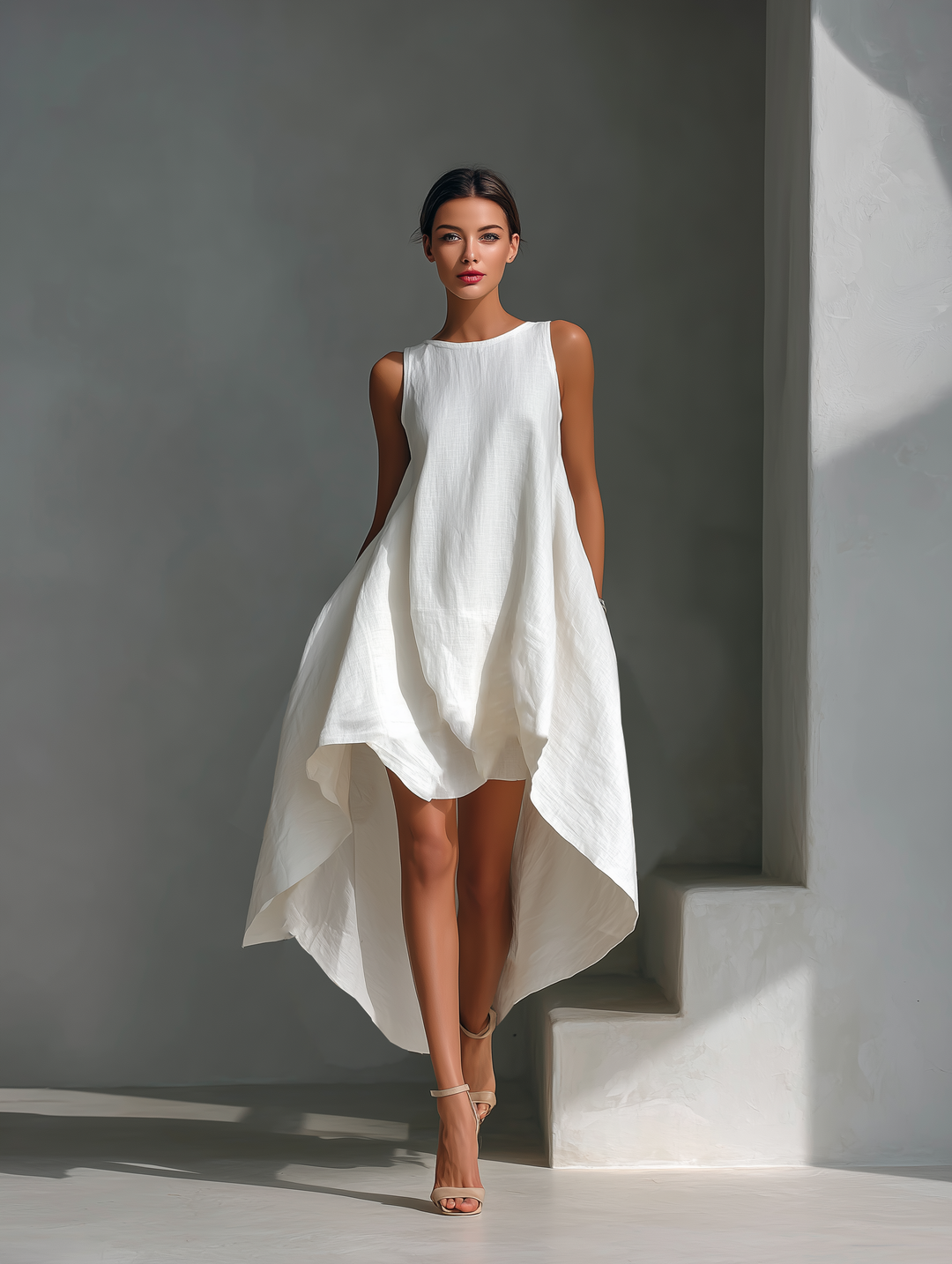 Sleeveless Midi Linen Dress for Women - Flowing and Asymmetrical