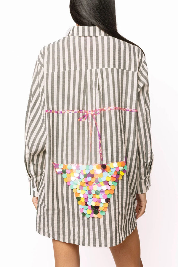 Vacation Vibe Gold Sequin Long-sleeved Bikini Pattern Blue & White Stripe Button Up Pocket Tunic (Shipped Within 24 Hours)