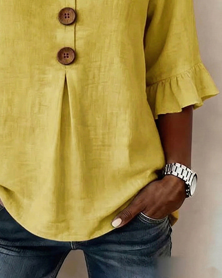 Janet V-Neck Blouse with Wooden Buttons and Ruffled Sleeves - Elena Harper