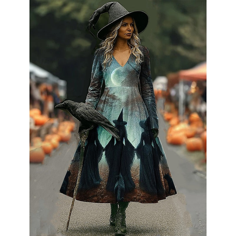Agatha Women's Witch Print Maxi Dress in Four Deep Shades - Elena Harper