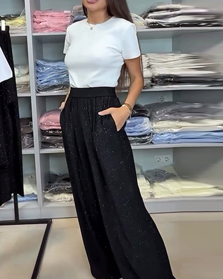 Elegant High-Waisted Shiny Wide Leg Pants