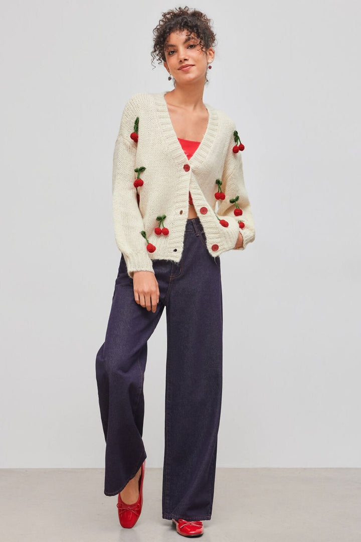 Oversized Knit Cardigan with V-Neck and Cherry Appliqués - Frieda