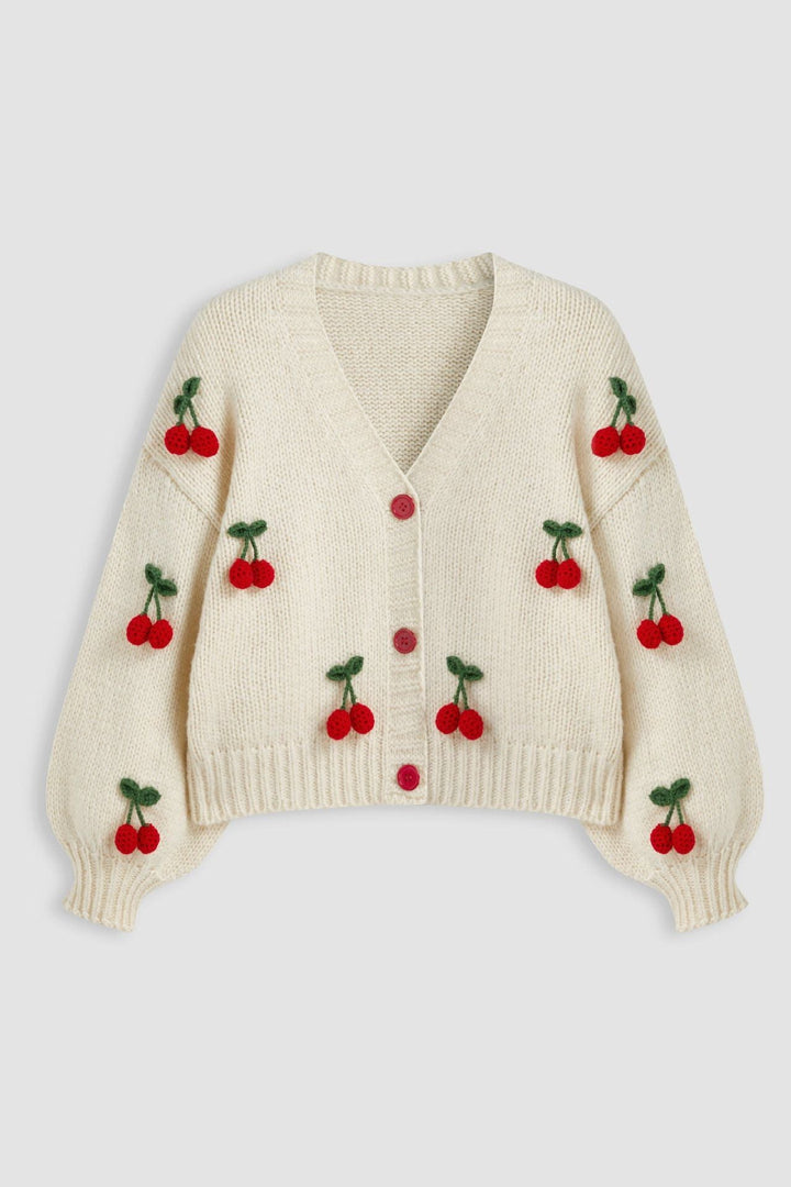 Oversized Knit Cardigan with V-Neck and Cherry Appliqués - Frieda