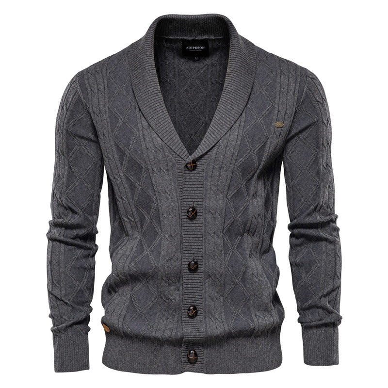 Men's Buttoned Shawl Collar Knit Cardigan with Long Sleeves - Elena Harper