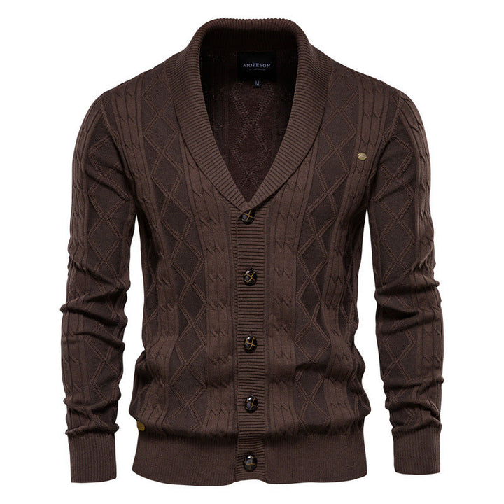 Men's Buttoned Shawl Collar Knit Cardigan with Long Sleeves - Elena Harper