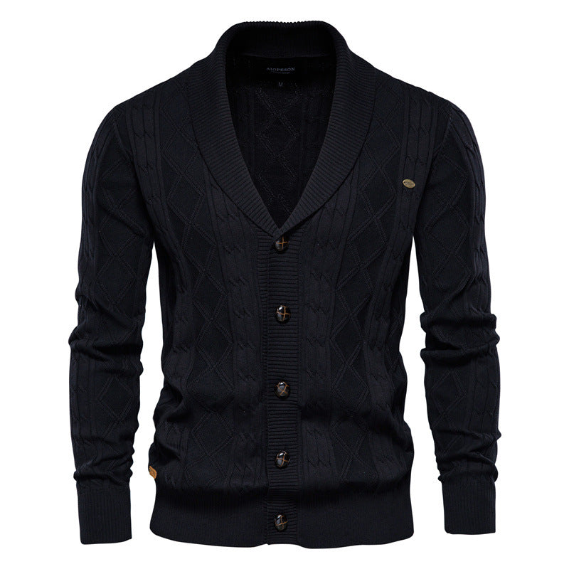 Men's Buttoned Shawl Collar Knit Cardigan with Long Sleeves - Elena Harper